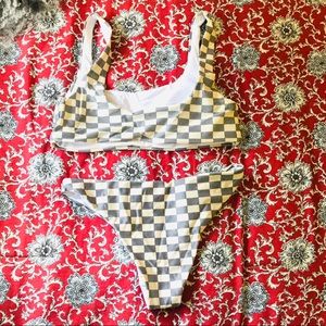 Creamy white And muted blue checkered Bikini